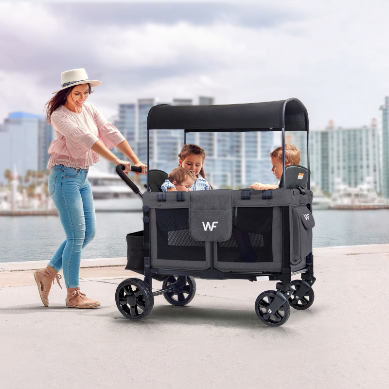 WonderFold W4 Original Stroller Wagon with Snack Tray, Weather Mat, and Cup & Phone Holder For Sale